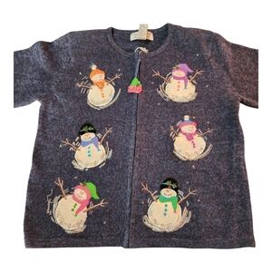 Vintage Tiara International Christmas Snowman Sweater Navy Sz M Holiday Festive